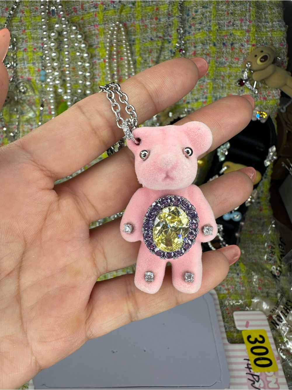 YVMIN Pink Teddy Bear Crystal Pendant Necklace